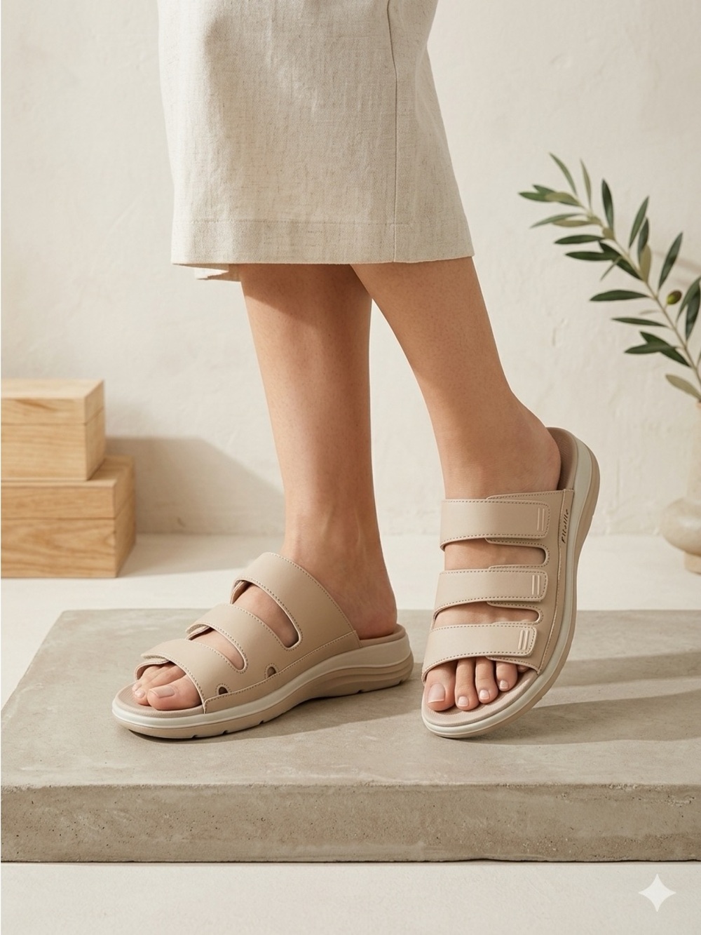 Triple-Strap Comfort Slide Sandals for Women - Beige